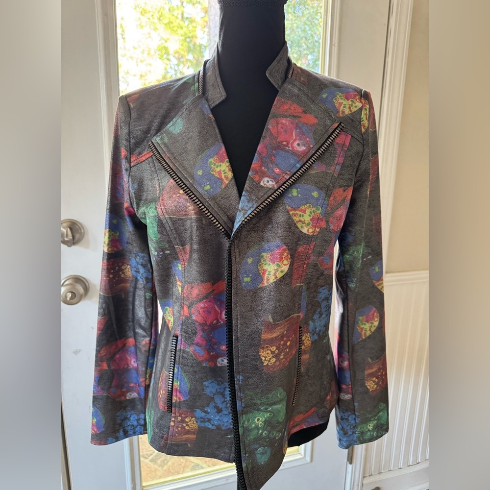Insight black leather look bomber multi color mod pattern size 8